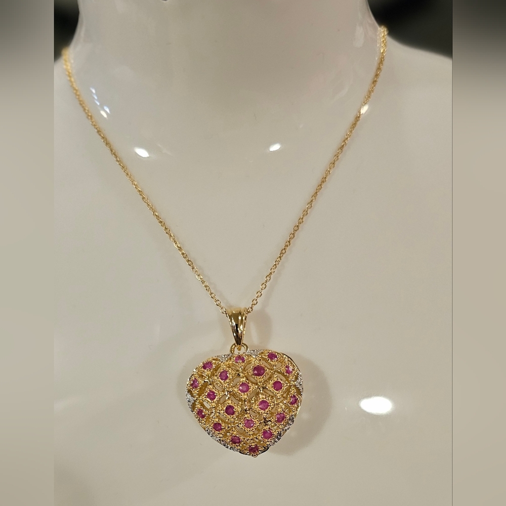 106 - Ladies Sterling Silver Ruby 18-inch Designer Necklace w/ 2-tone Gold
